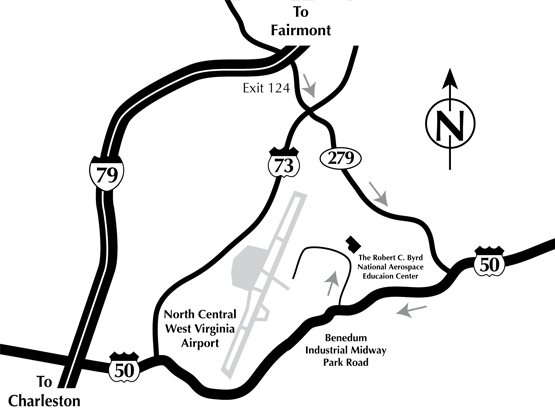 Map showing directions of how to get from i-79 to the Robert C. Byrd National Aerospace Education Center